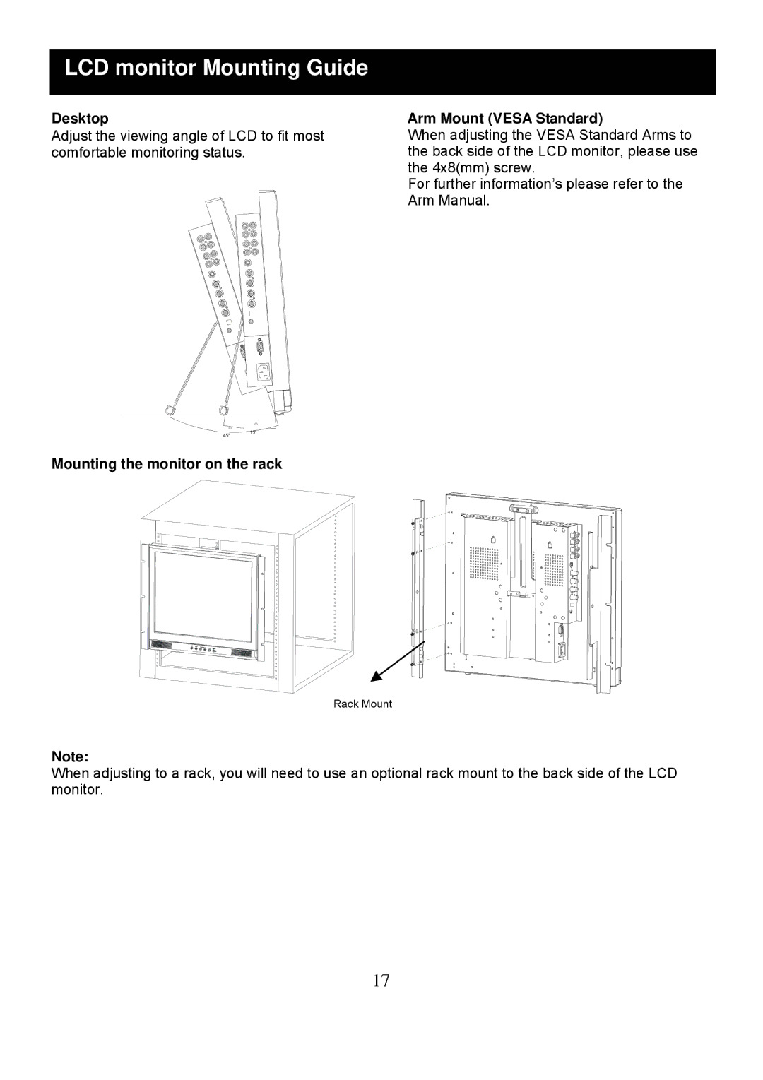 Speco Technologies VM-HT19LCD user manual Desktop, Arm Mount Vesa Standard, Mounting the monitor on the rack 