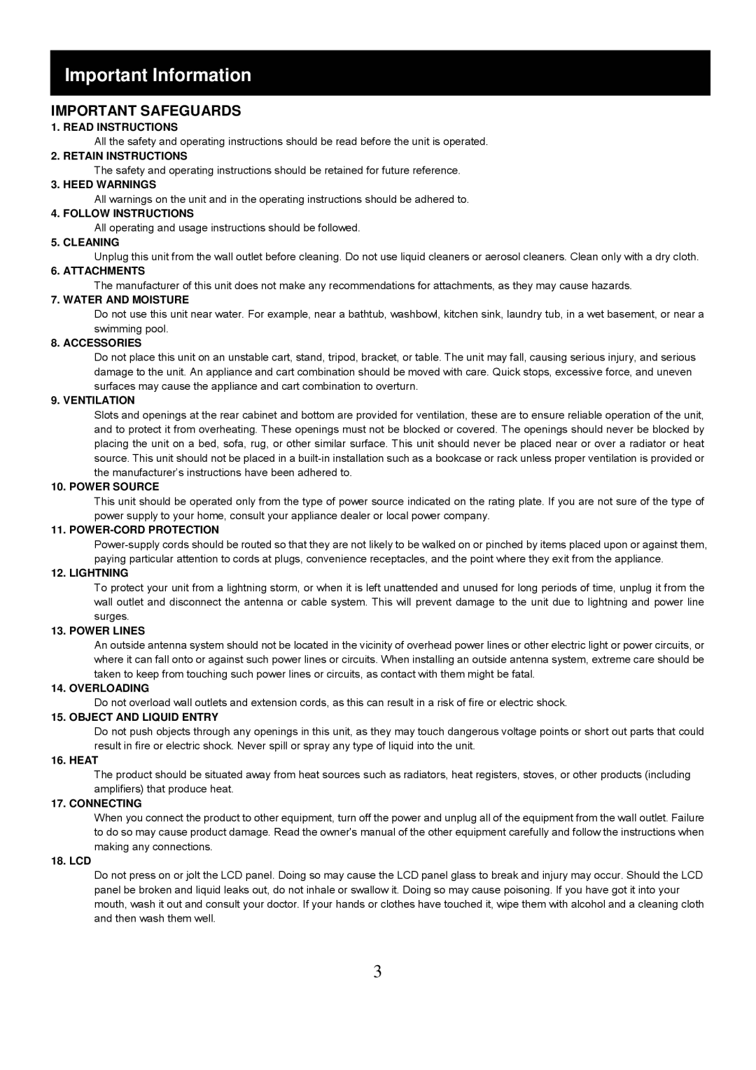 Speco Technologies VM-HT19LCD user manual Important Information, Important Safeguards 