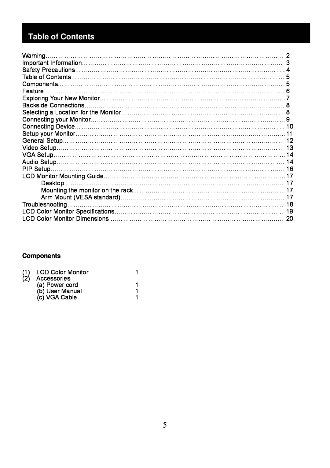 Speco Technologies VM-HT19LCD user manual Table of Contents, Components 
