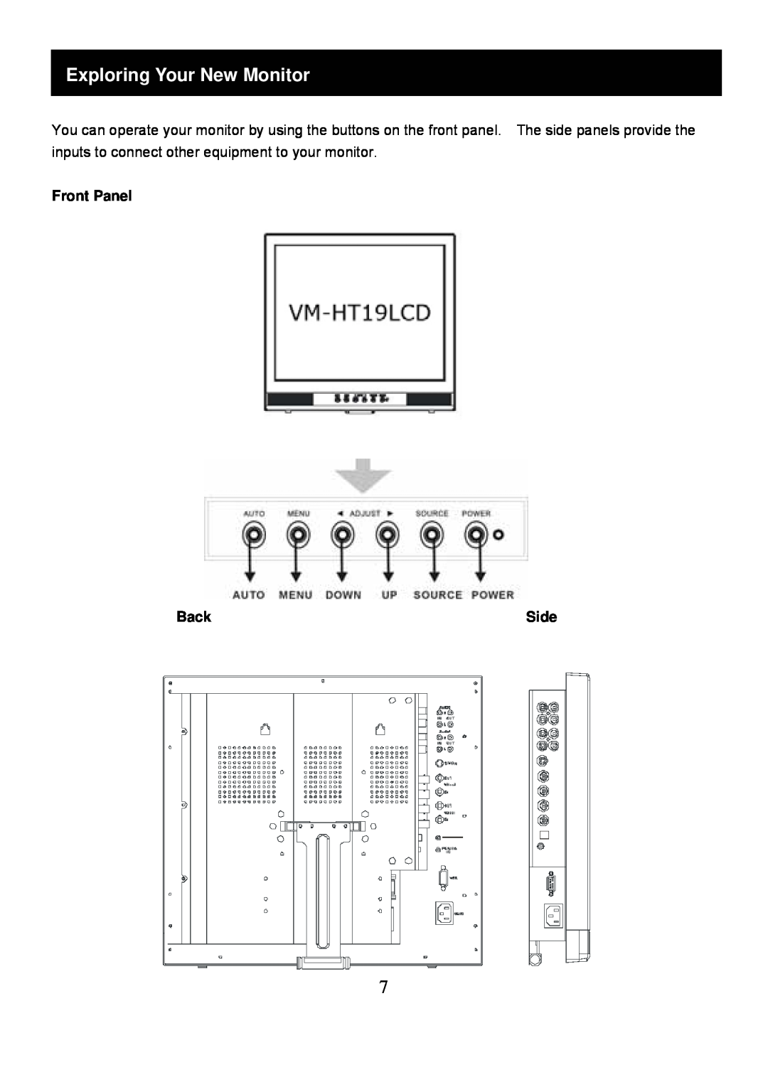 Speco Technologies VM-HT19LCD user manual Exploring Your New Monitor, Front Panel BackSide 