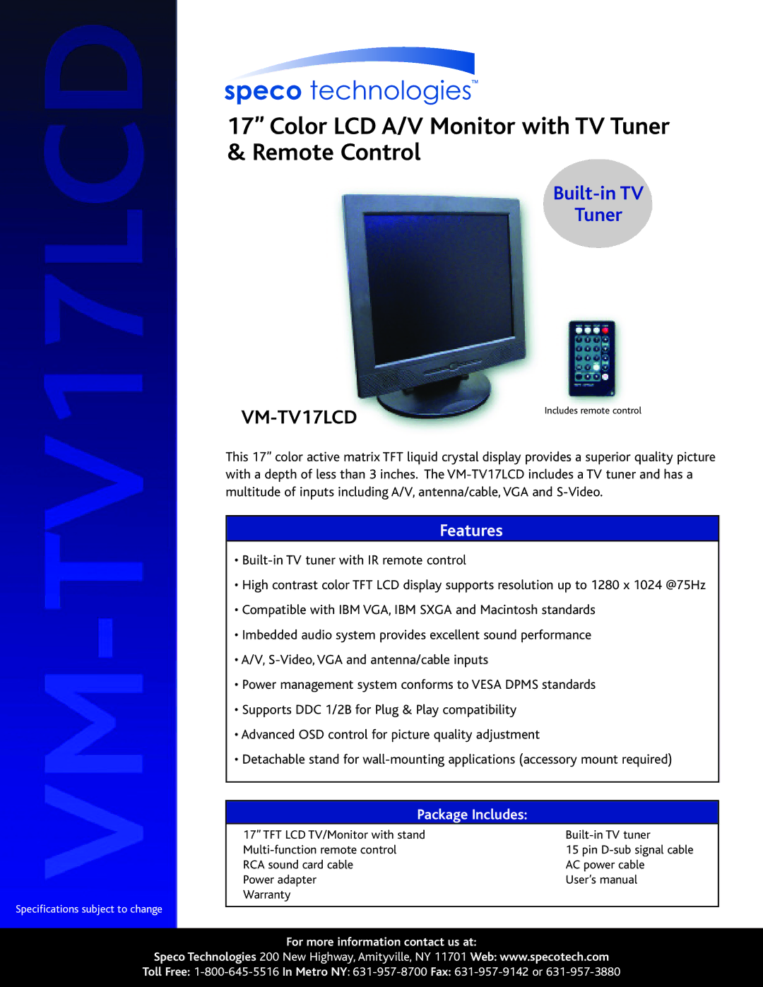 Speco Technologies VM-TV17LCD specifications Color LCD A/V Monitor with TV Tuner & Remote Control, Features 