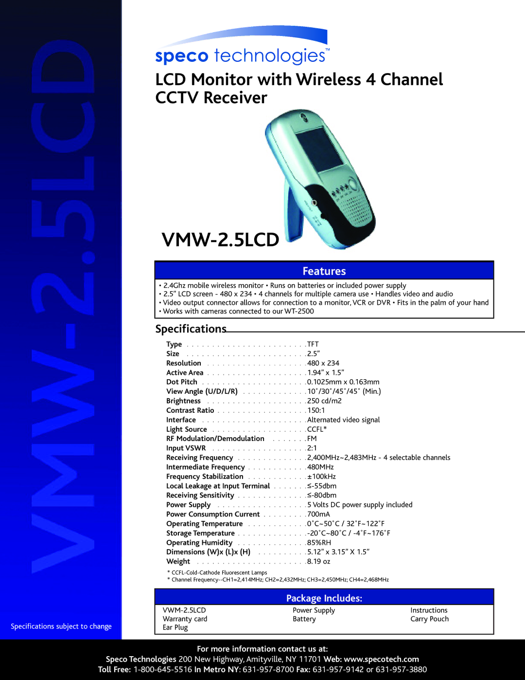 Speco Technologies VMW-2.5LCD specifications RF Modulation/Demodulation, Intermediate Frequency, Frequency Stabilization 