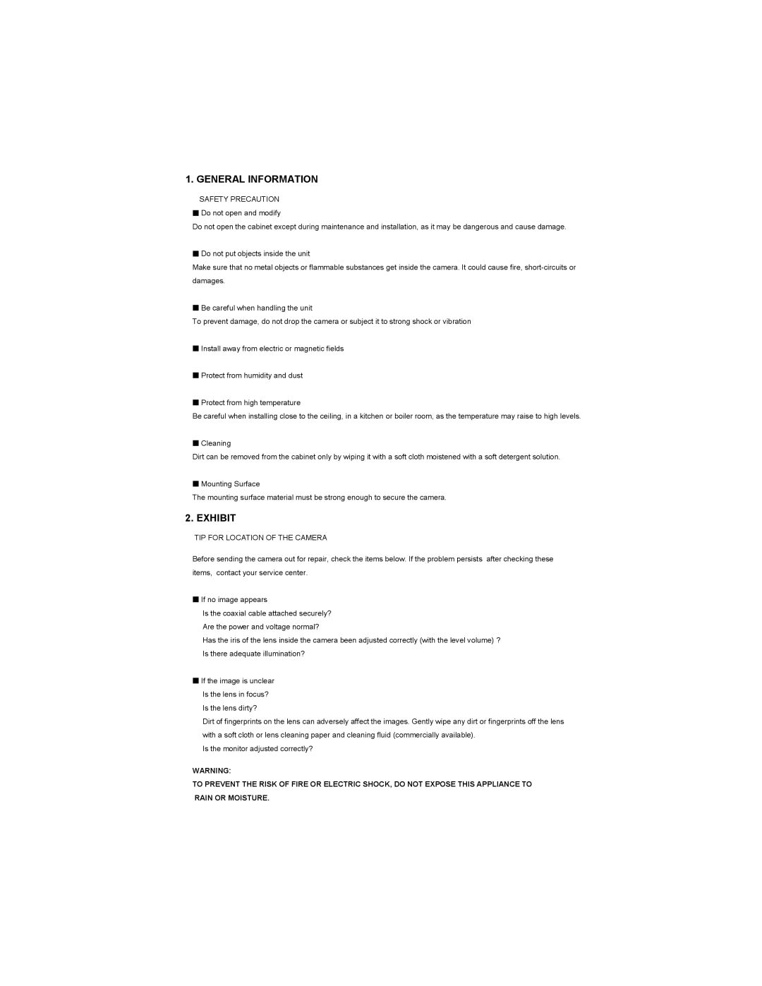 Speco Technologies WDR-R3 manual General Information, Exhibit, Safety Precaution, TIP for Location of the Camera 