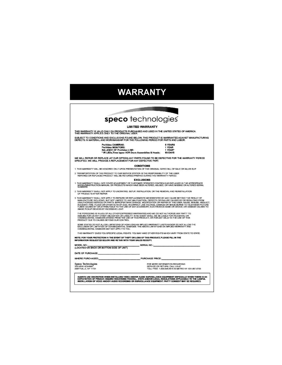 Speco Technologies WDR-R3 manual Warranty 