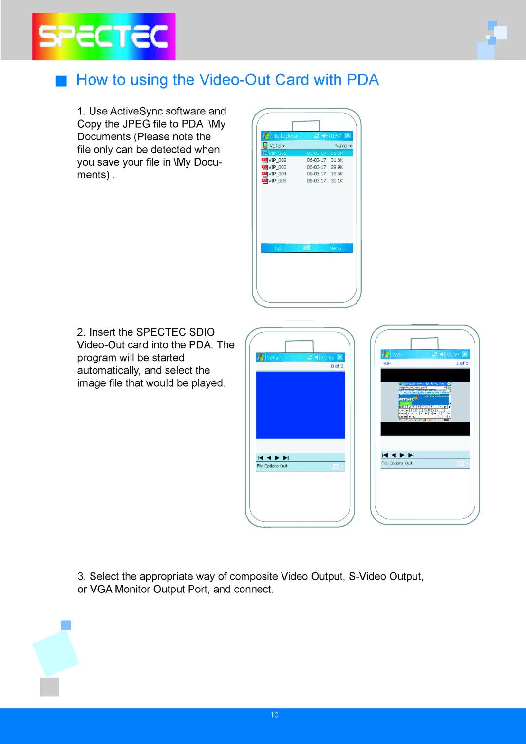 Spectec Computer user manual How to using the Video-Out Card with PDA 