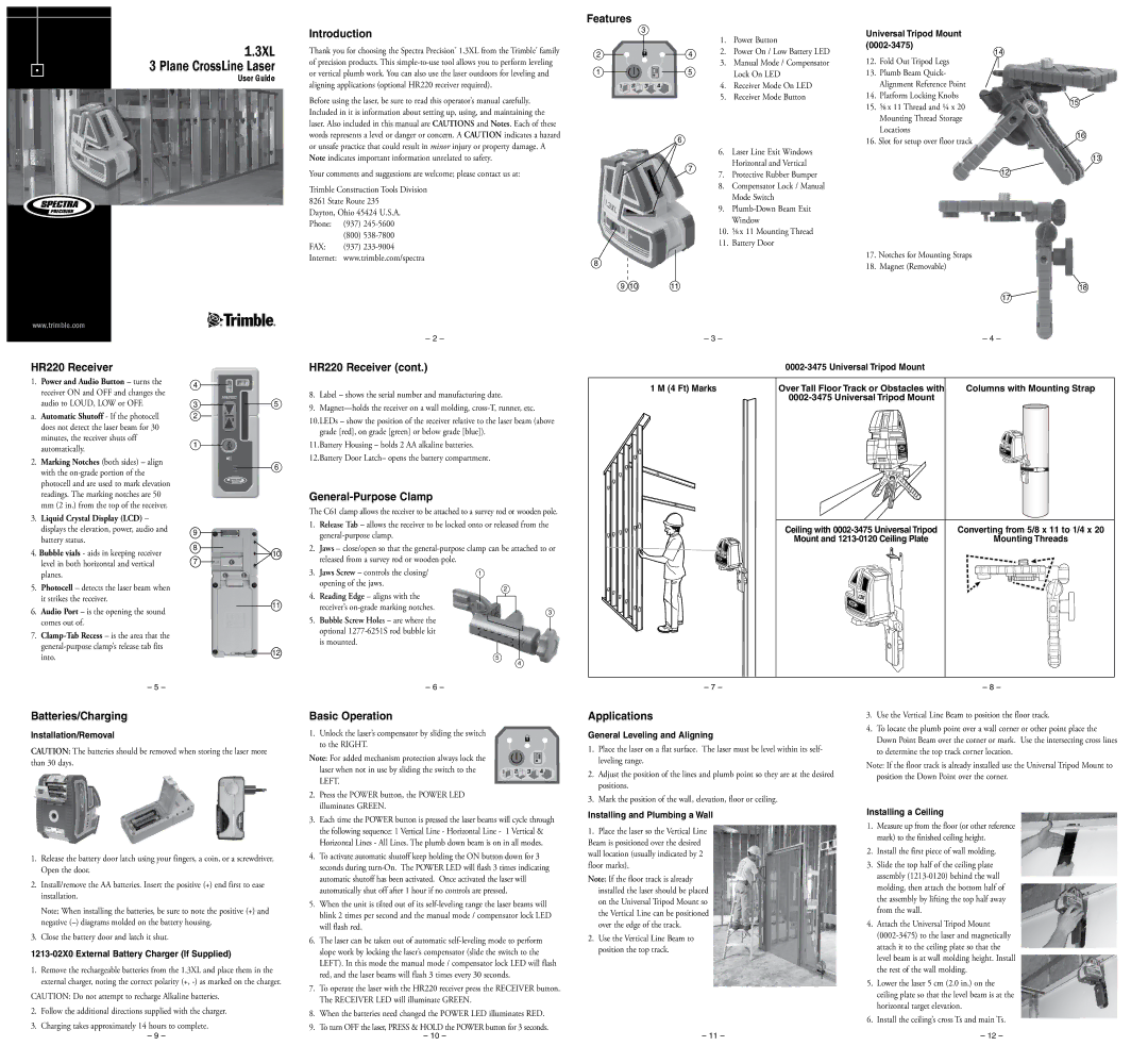 Spectra 1.3XL manual Introduction, Features, HR220 Receiver, General-Purpose Clamp, Batteries/Charging, Basic Operation 