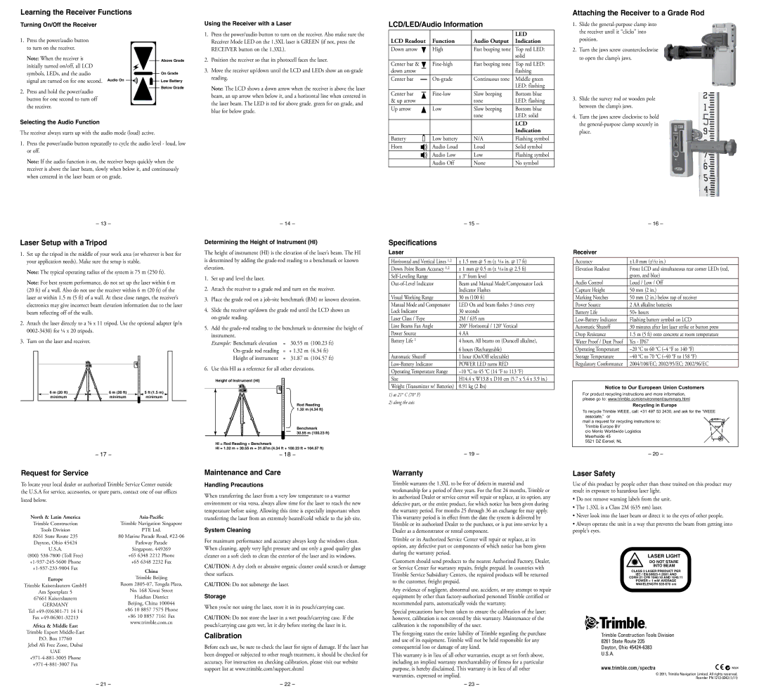 Spectra 1.3XL manual LCD/LED/Audio Information, Laser Setup with a Tripod, Specifications, Request for Service, Calibration 