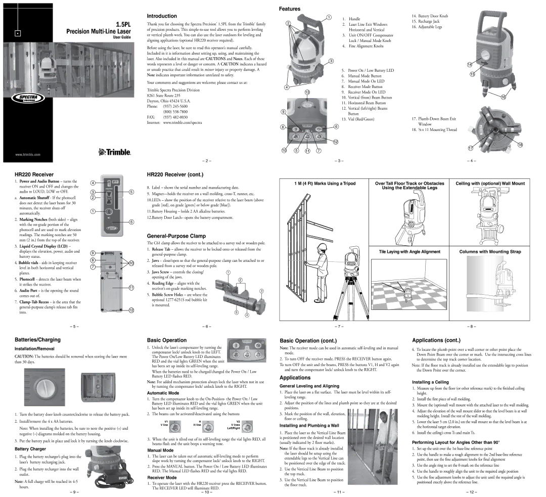 Spectra 1.5PL manual Introduction, Features, HR220 Receiver, General-Purpose Clamp, Batteries/Charging, Basic Operation 