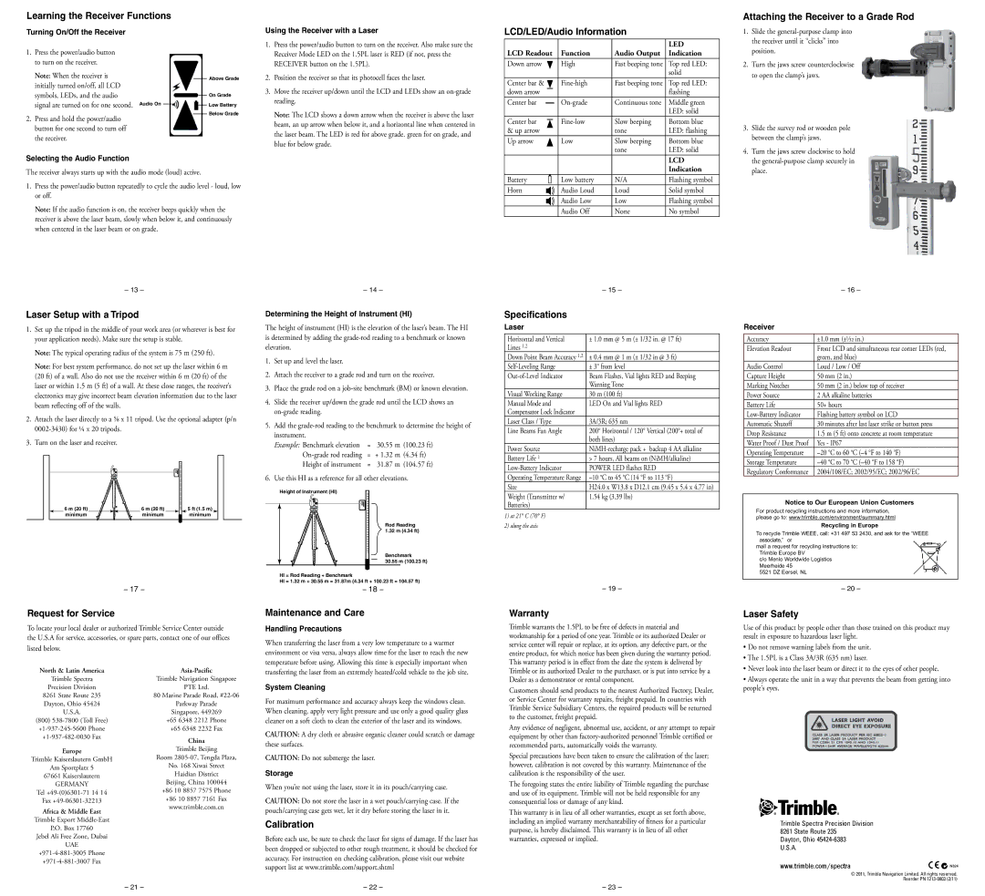 Spectra 1.5PL manual LCD/LED/Audio Information, Laser Setup with a Tripod, Specifications, Request for Service, Calibration 