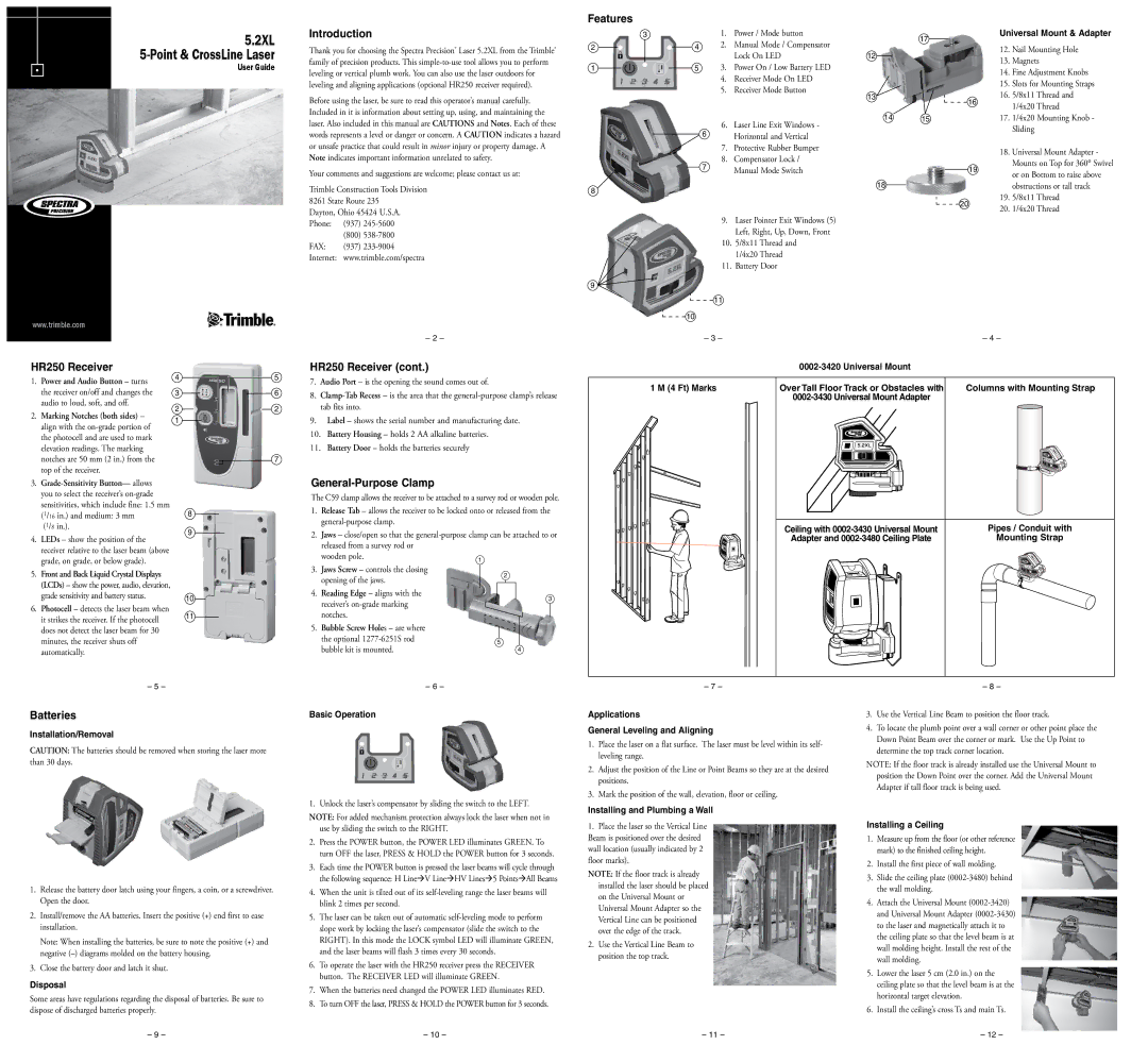 Spectra 5.2XL manual Introduction, Features, HR250 Receiver, General-Purpose Clamp, Batteries 