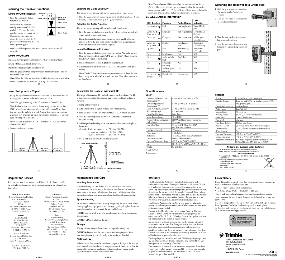 Spectra 5.2XL manual Learning the Receiver Functions, Laser Setup with a Tripod, LCD/LED/Audio Information, Specifications 