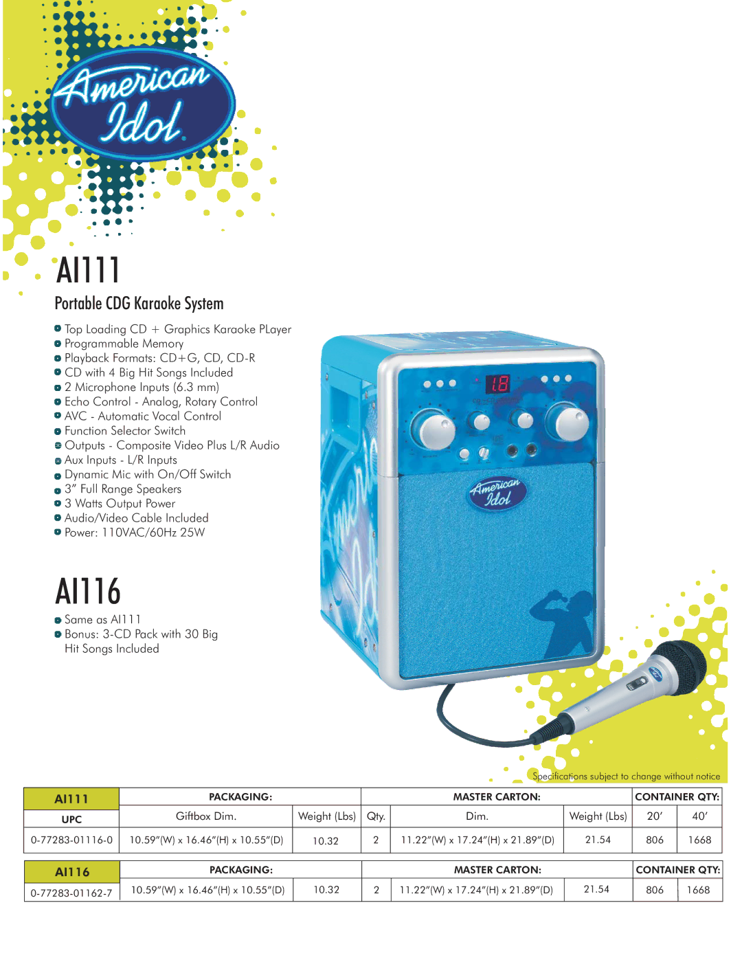 Spectra AI116 specifications AI111, Portable CDG Karaoke System 