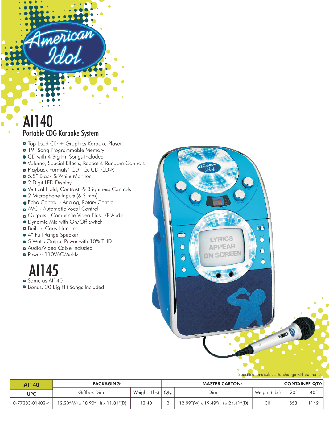 Spectra AI145 specifications Portable CDG Karaoke System, Same as AI140 Bonus 30 Big Hit Songs Included 