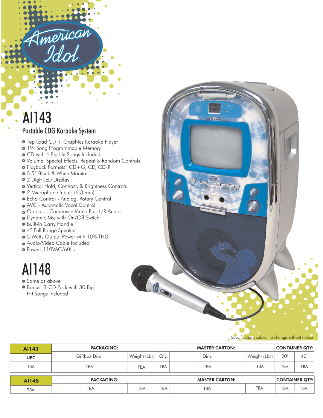 Spectra AI148 specifications AI143, Portable CDG Karaoke System 