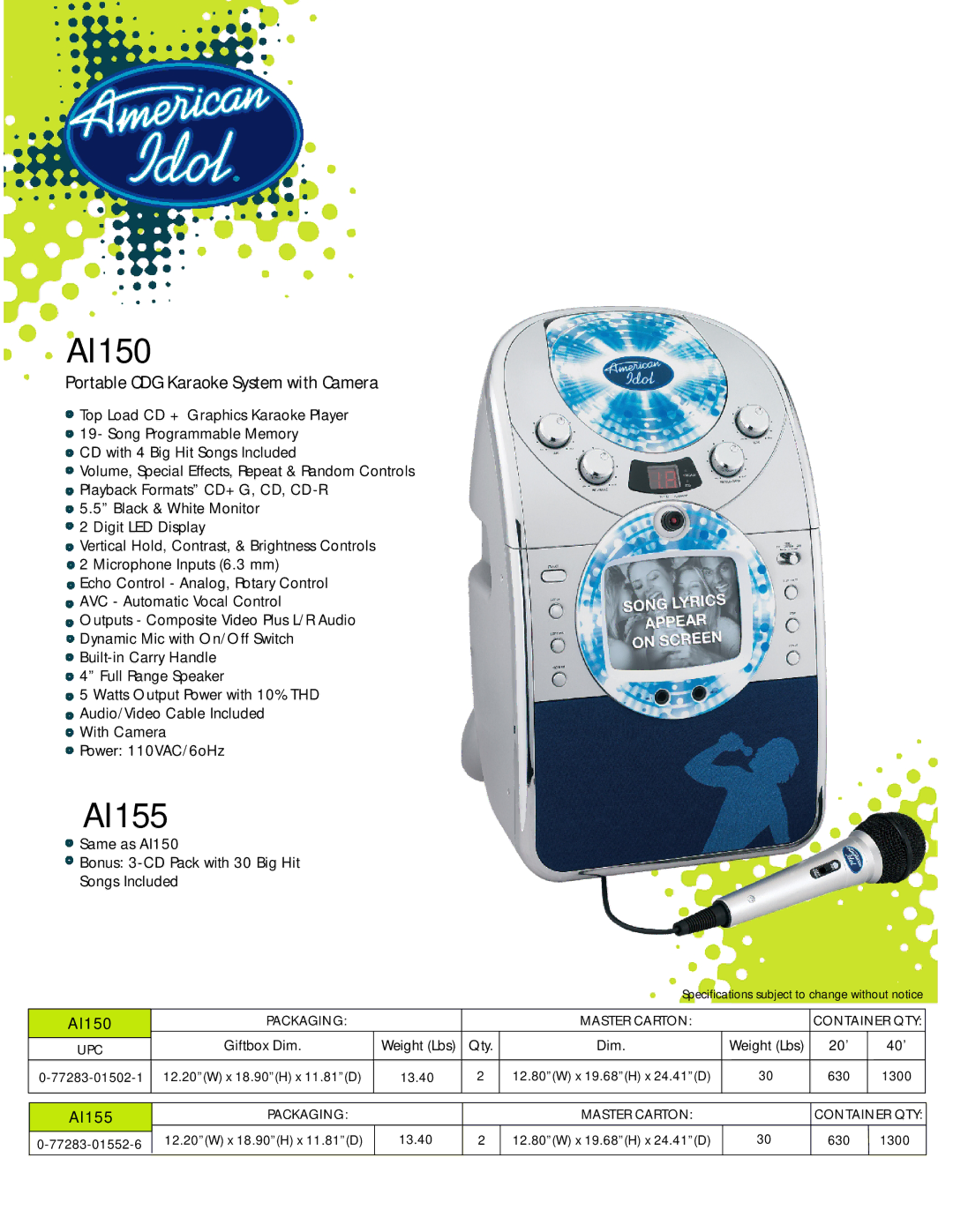 Spectra AI155 specifications AI150, Portable CDG Karaoke System with Camera 