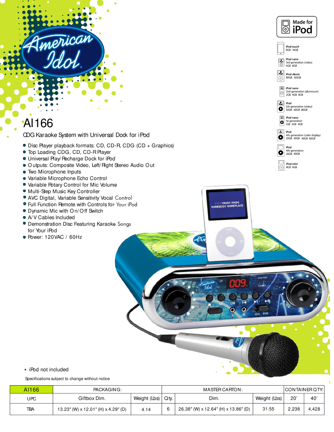 Spectra AI166 specifications CDG Karaoke System with Universal Dock for iPod 