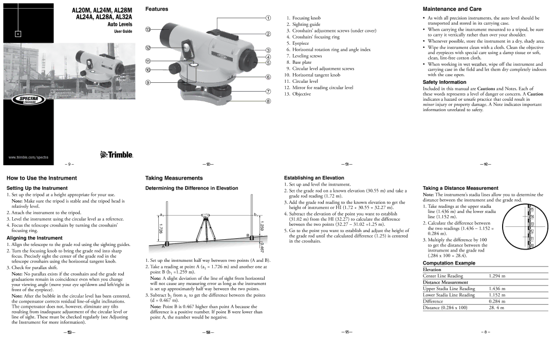 Spectra AL20M manual Features, Maintenance and Care, How to Use the Instrument, Taking Measurements 