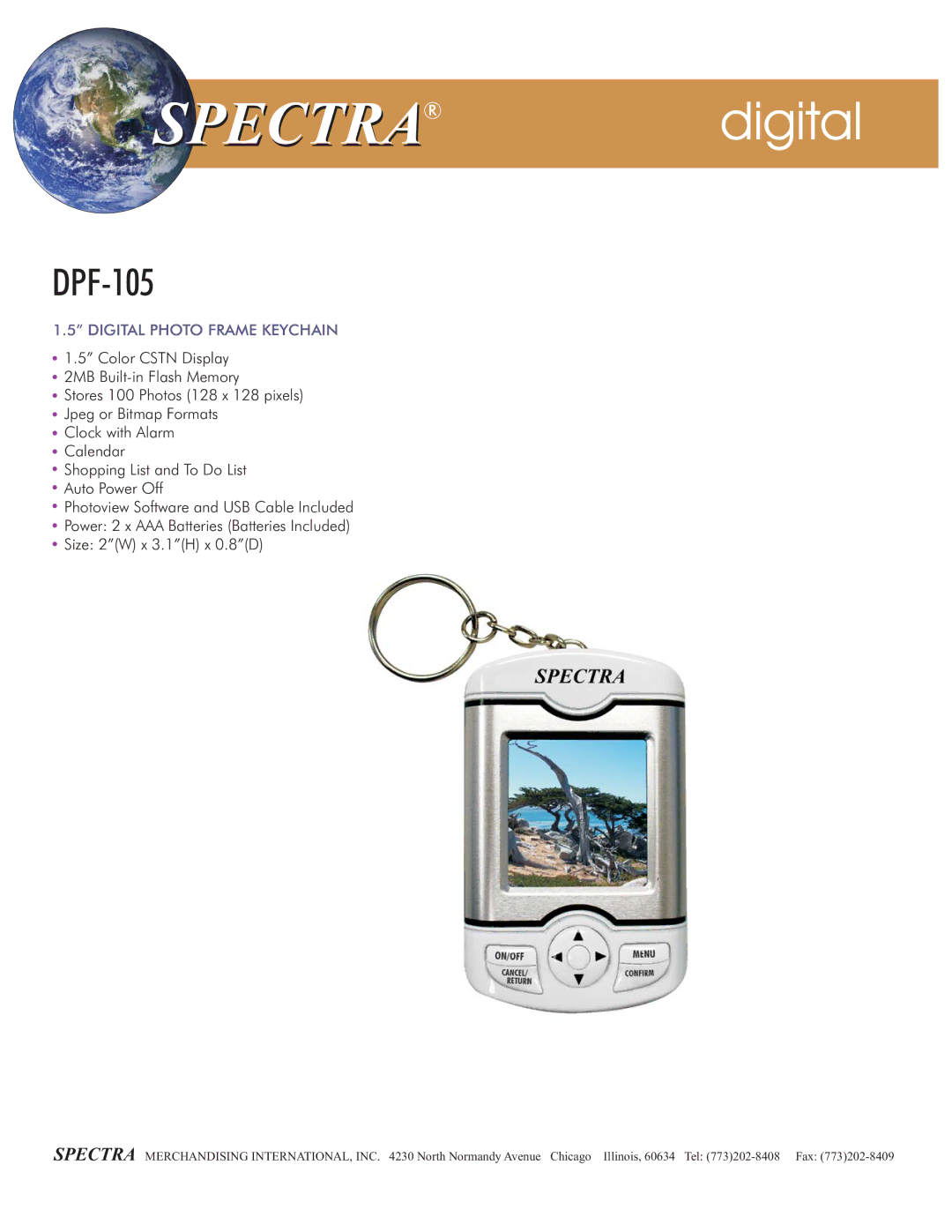 Spectra DPF-105 manual SPECTRARdigital, Digital Photo Frame Keychain 