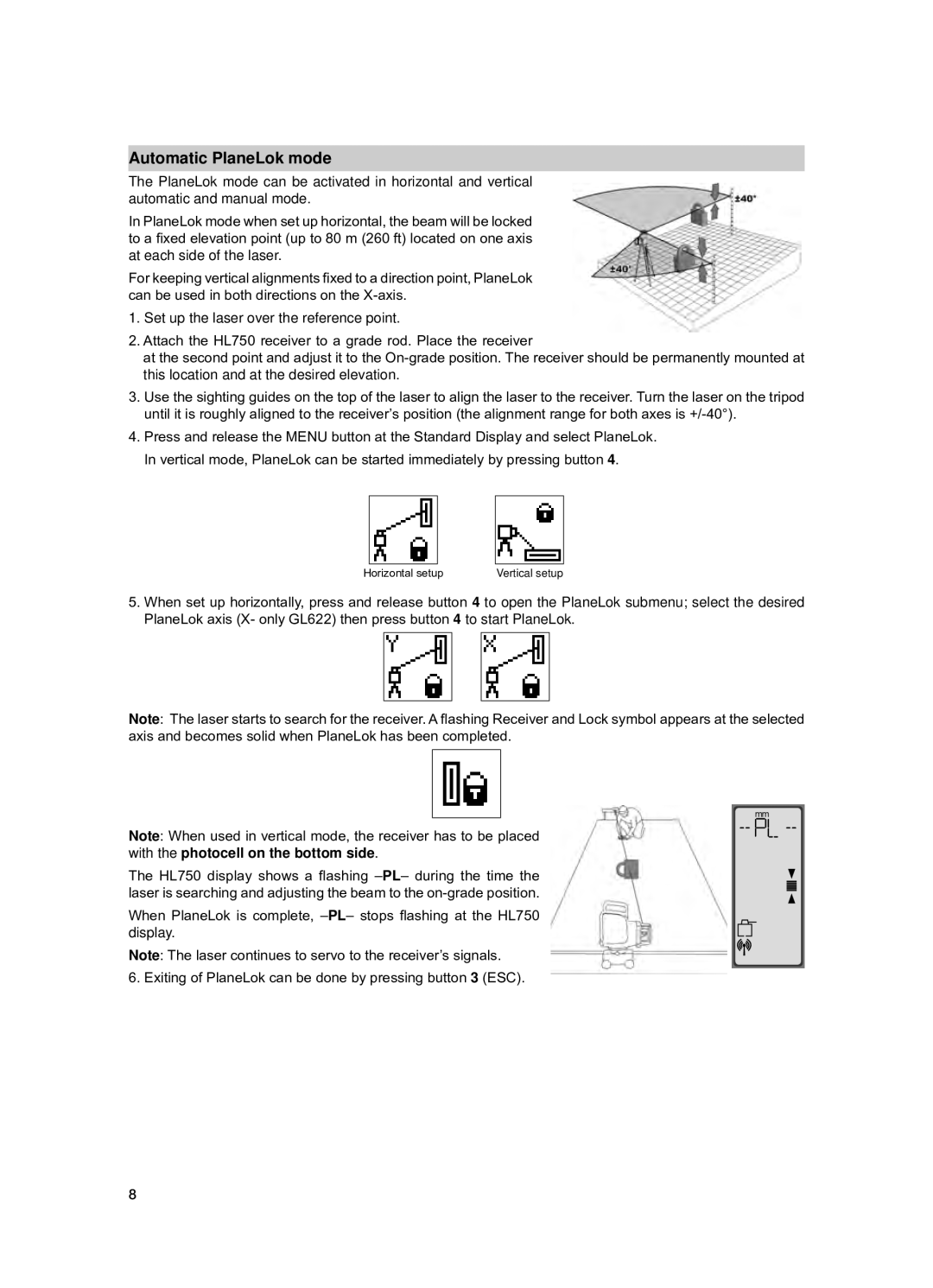 Spectra GL612 manual Automatic PlaneLok mode 