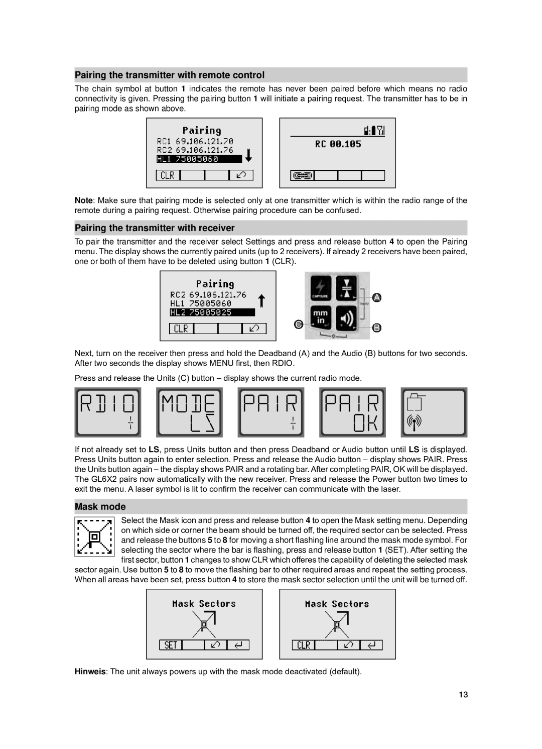 Spectra GL612 manual Pairing the transmitter with remote control, Pairing the transmitter with receiver, Mask mode 