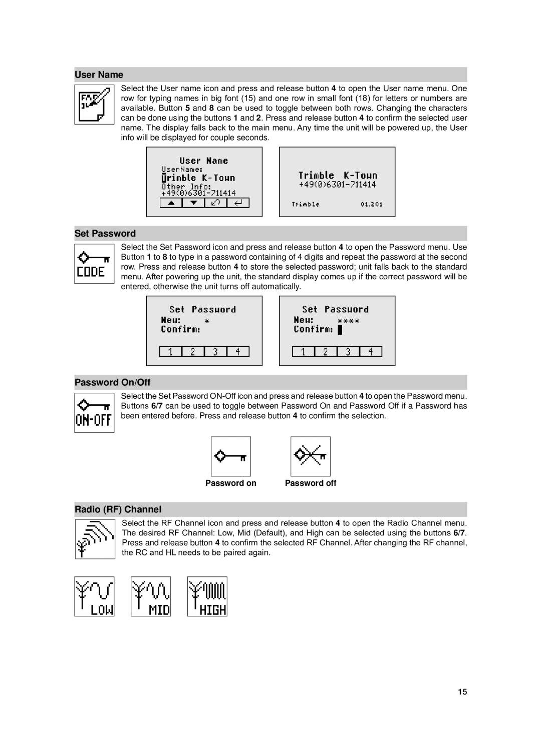 Spectra GL612 manual User Name, Set Password, Password On/Off, Radio RF Channel 