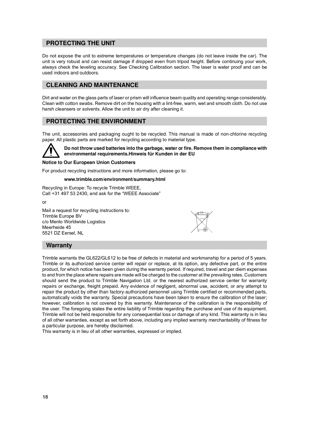 Spectra GL612 manual Protecting the Unit, Cleaning and Maintenance, Protecting the Environment 