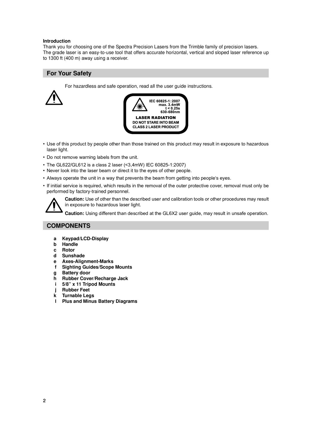 Spectra GL612 manual For Your Safety, Components 