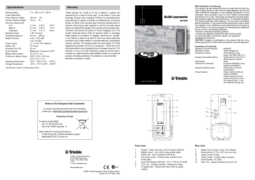 Spectra HL450 warranty Specifications, Warranty, Front view Rear view 