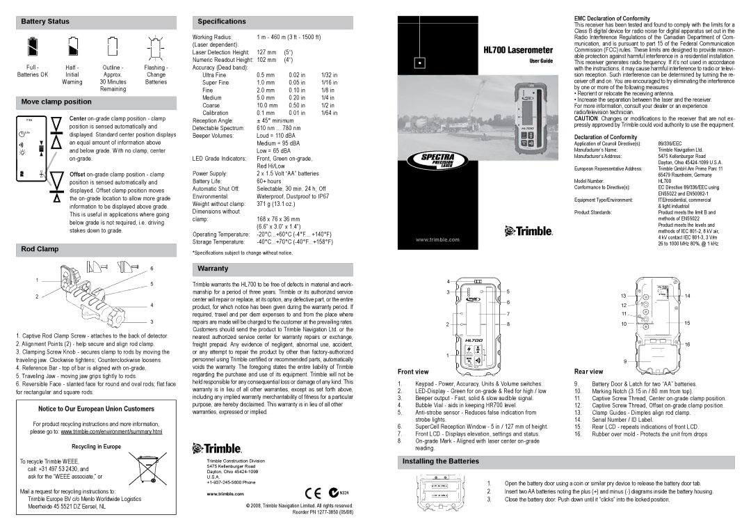 Spectra HL700 warranty Battery Status Specifications, Move clamp position, Rod Clamp, Warranty, Front view, Rear view 