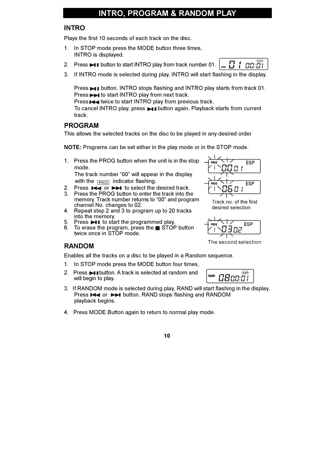 Spectra KT2038 owner manual INTRO, Program & Random Play, Intro 