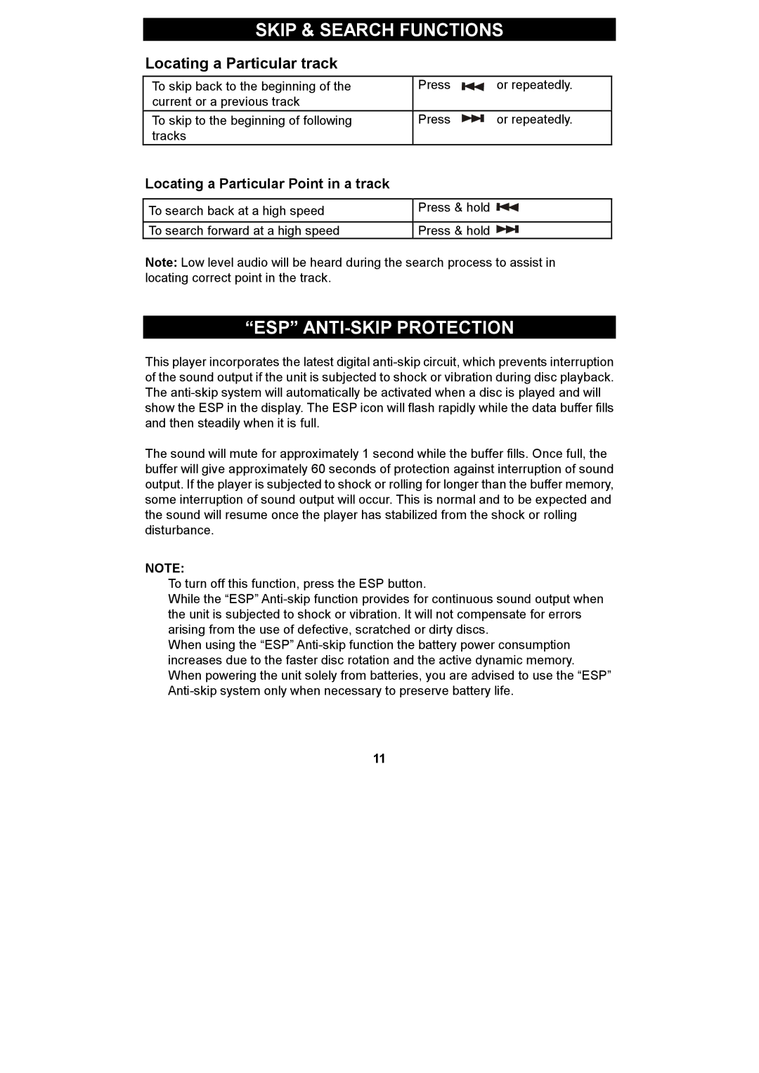 Spectra KT2038 owner manual Skip & Search Functions, ESP ANTI-SKIP Protection, Locating a Particular track 