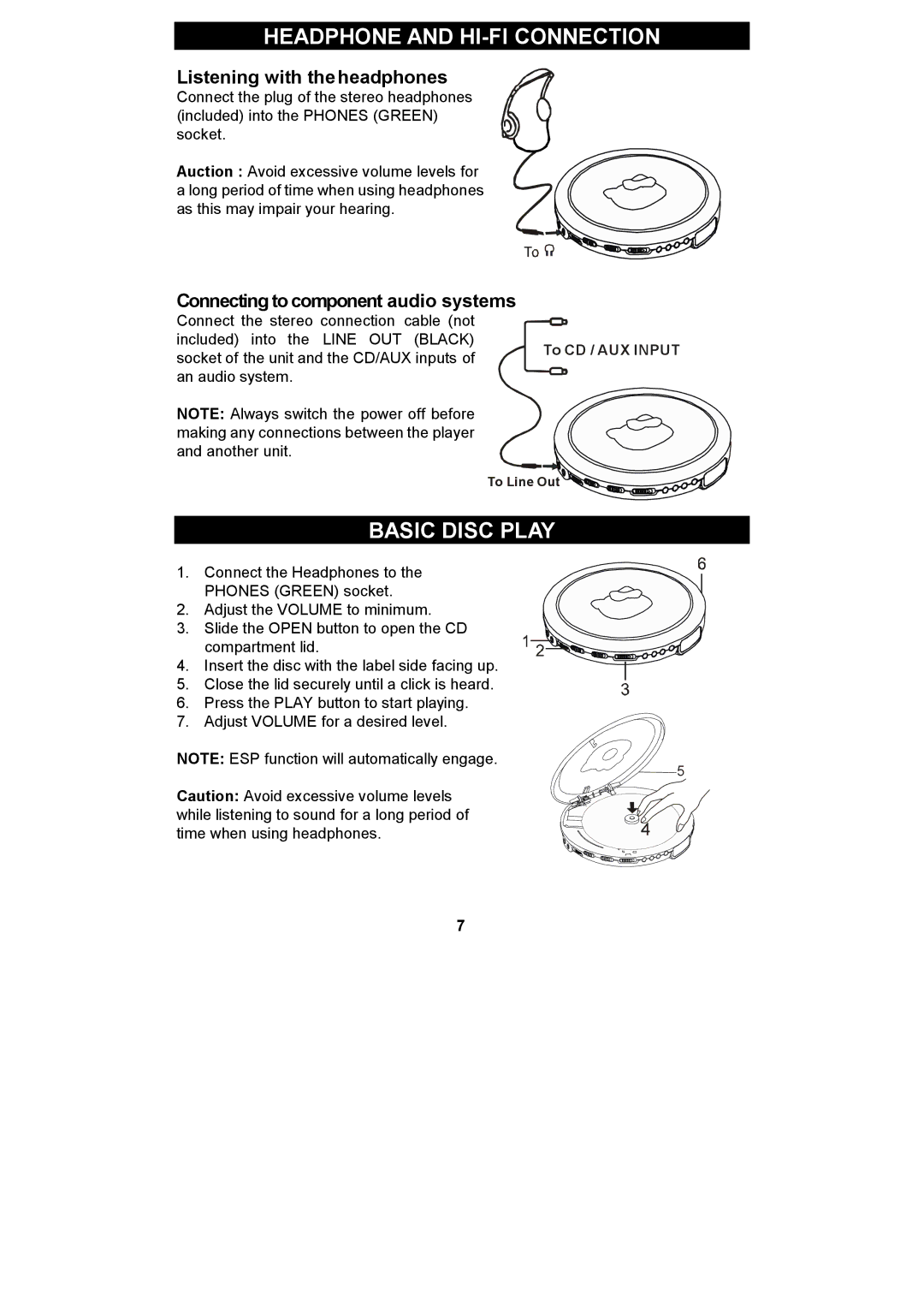 Spectra KT2038 owner manual Headphone and HI-FI Connection, Basic Disc Play, Listening with the headphones 