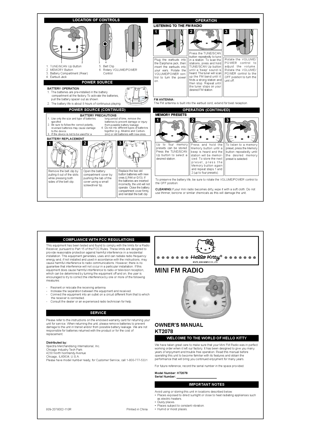 Spectra KT2078 owner manual Location of Controls Operation, Power Source, Compliance with FCC Regulations, Service 