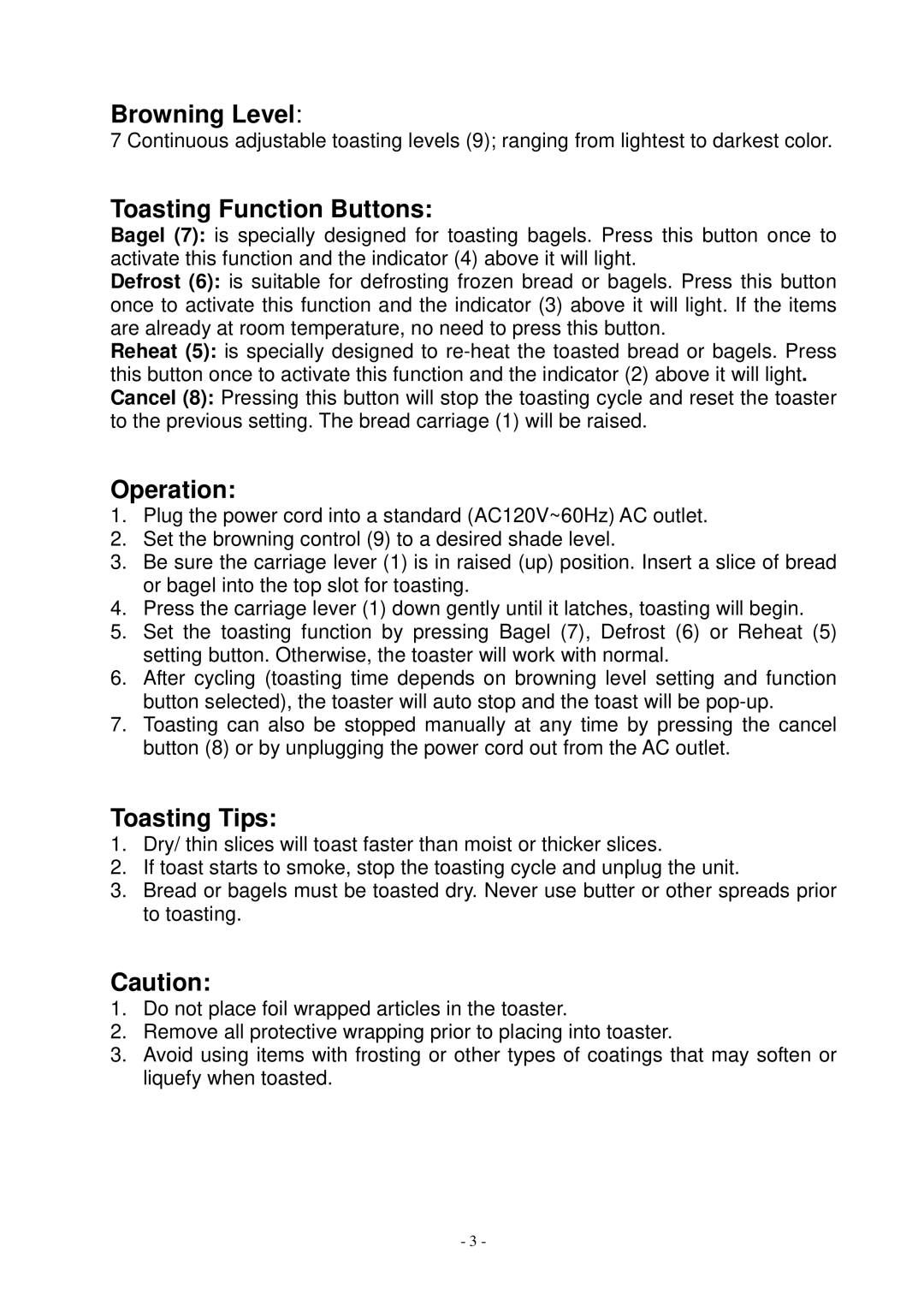 Spectra KT5211 owner manual Browning Level, Toasting Function Buttons, Operation, Toasting Tips 