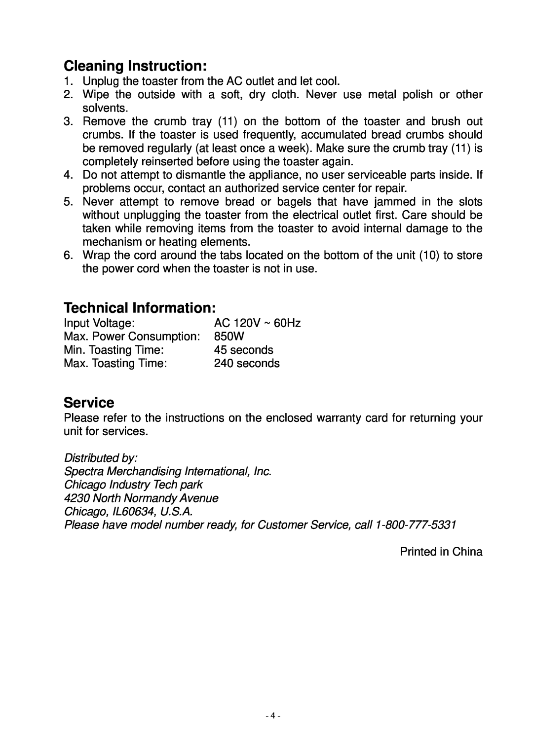 Spectra KT5211 owner manual Cleaning Instruction, Technical Information, Service, Distributed by 