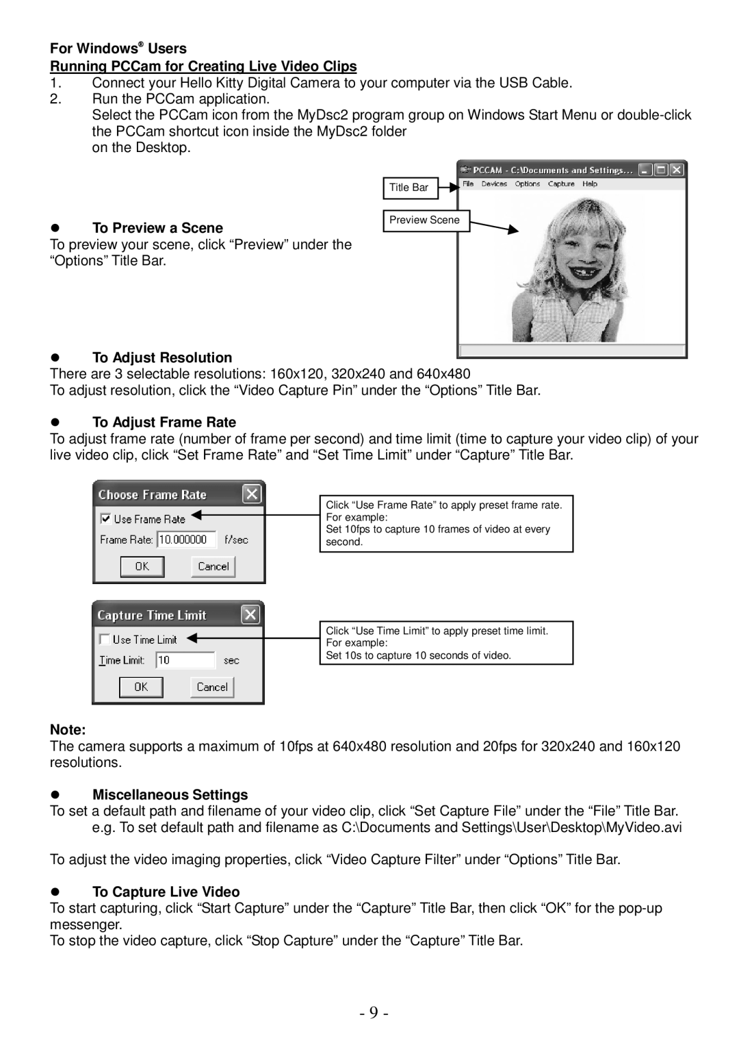 Spectra KT7002 owner manual To Preview a Scene, To Adjust Resolution, To Adjust Frame Rate, Miscellaneous Settings 