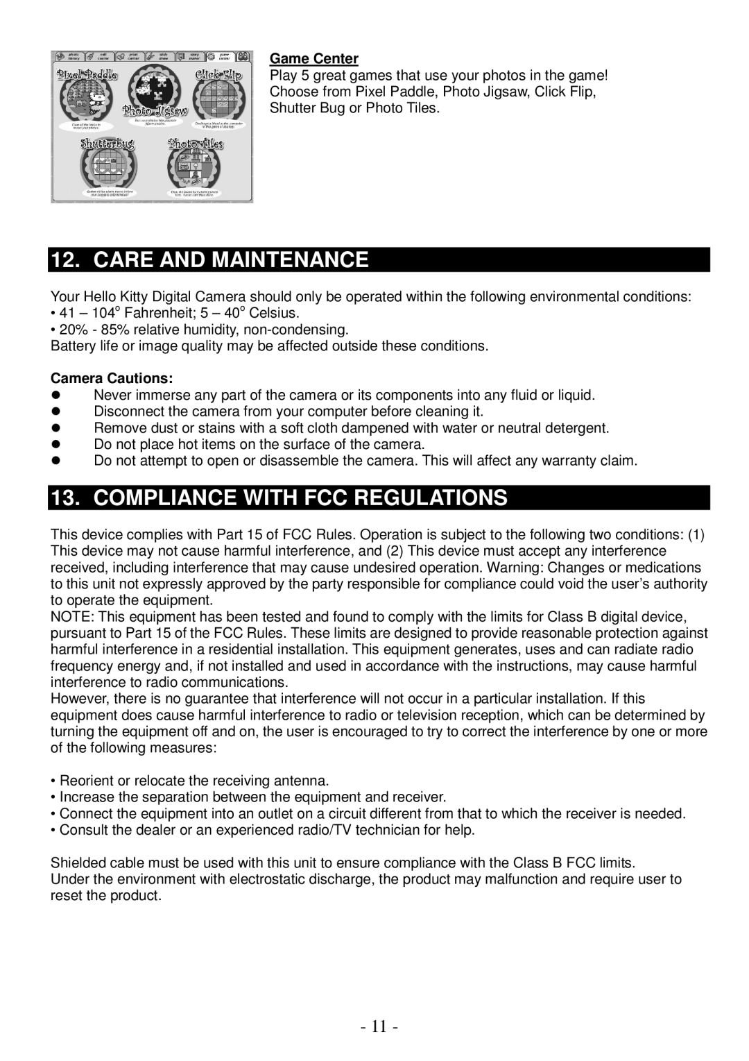 Spectra KT7002 owner manual Care and Maintenance, Compliance with FCC Regulations, Game Center, Camera Cautions 