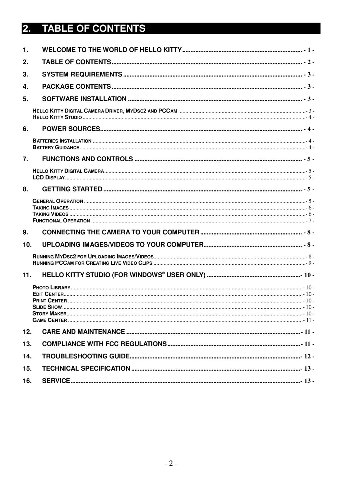 Spectra KT7002 owner manual Table of Contents 