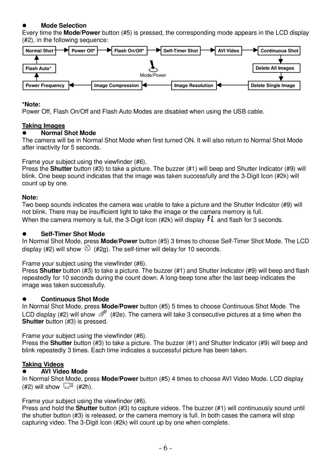 Spectra KT7002 owner manual Mode Selection, Taking Images Normal Shot Mode, Self-Timer Shot Mode, Continuous Shot Mode 