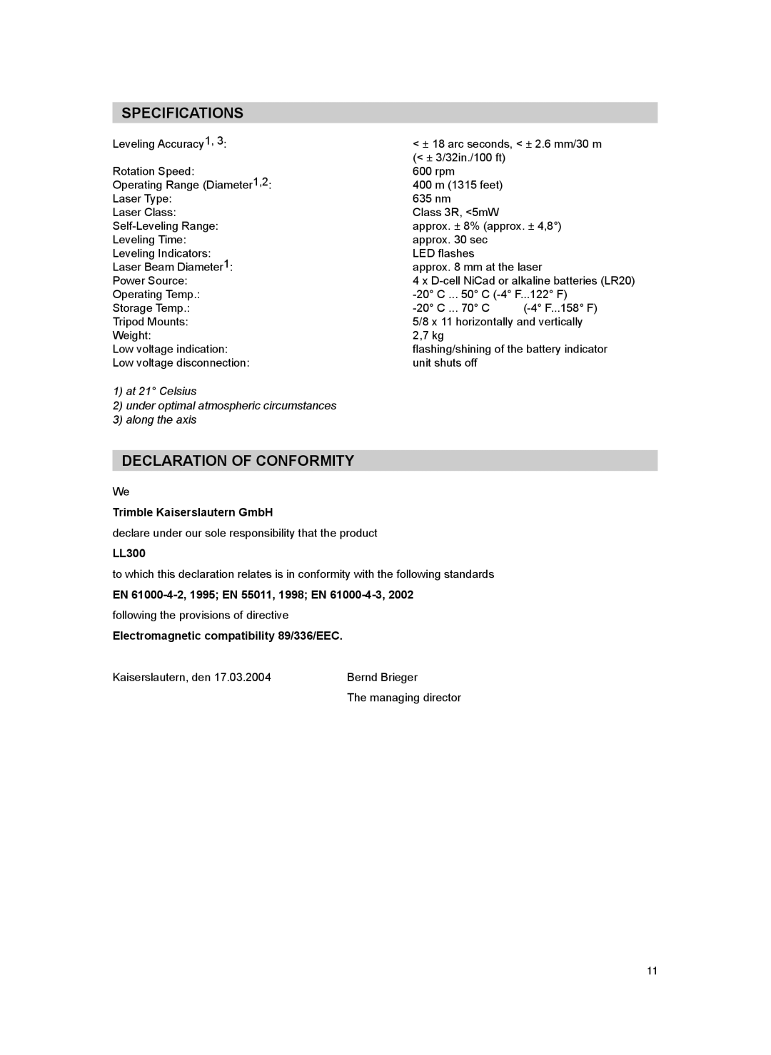 Spectra LL300-8, LL300N-3, LL300N-2, LL300-3, LL300N-8, LL300-2 manual Specifications, Declaration of Conformity 