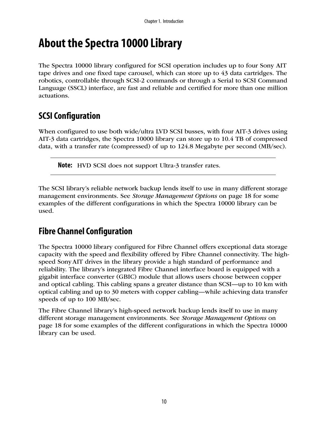 Spectra Logic manual About the Spectra 10000 Library, Scsi Configuration, Fibre Channel Configuration 