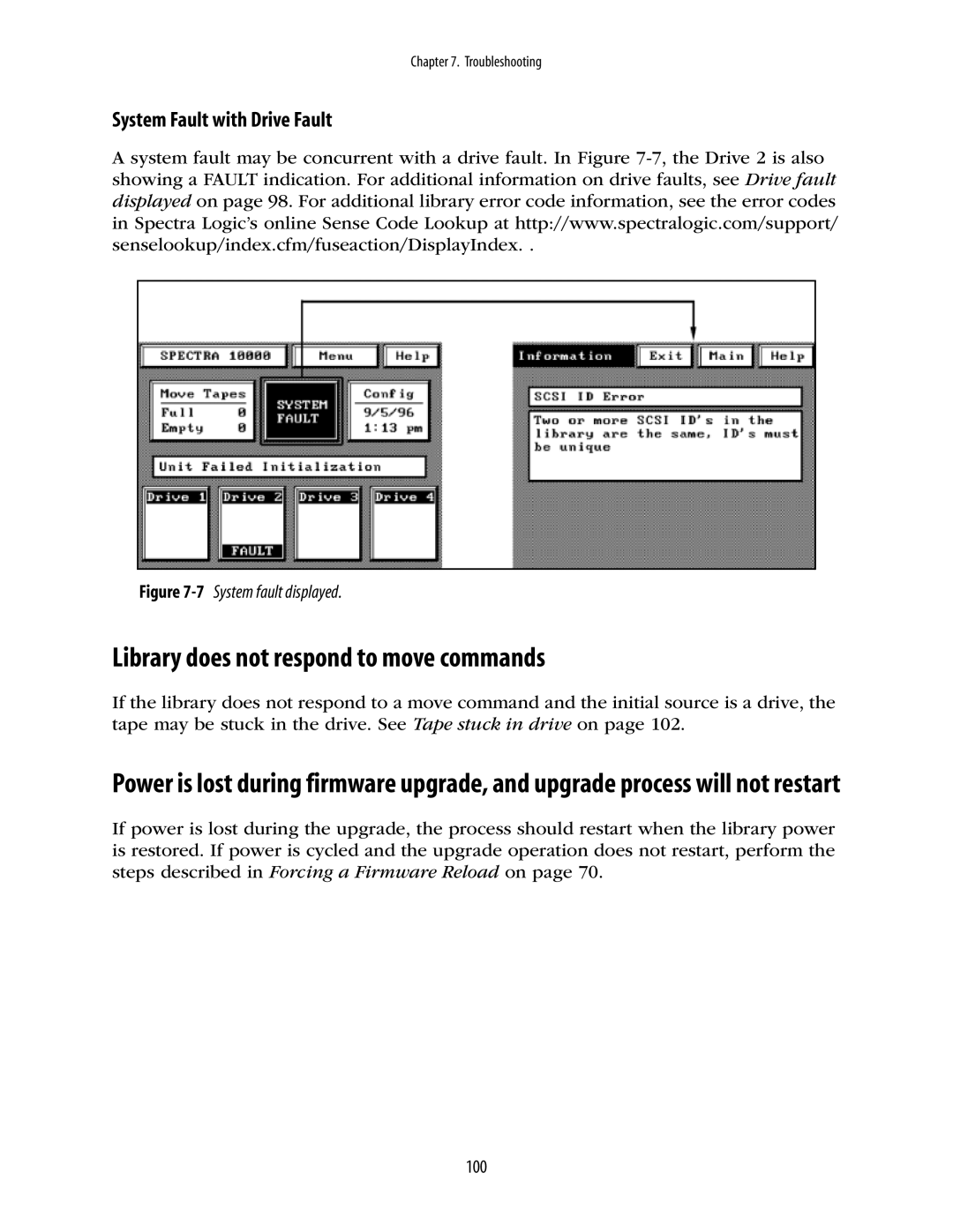 Spectra Logic 10000 manual Library does not respond to move commands, System Fault with Drive Fault 