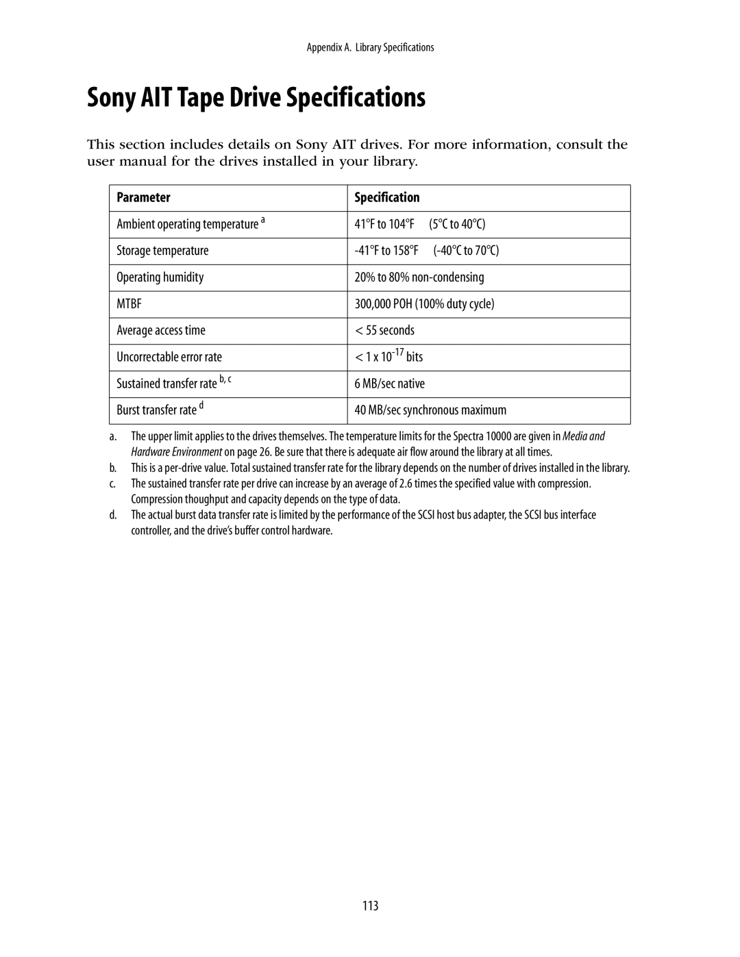 Spectra Logic 10000 manual Sony AIT Tape Drive Specifications, Mtbf 