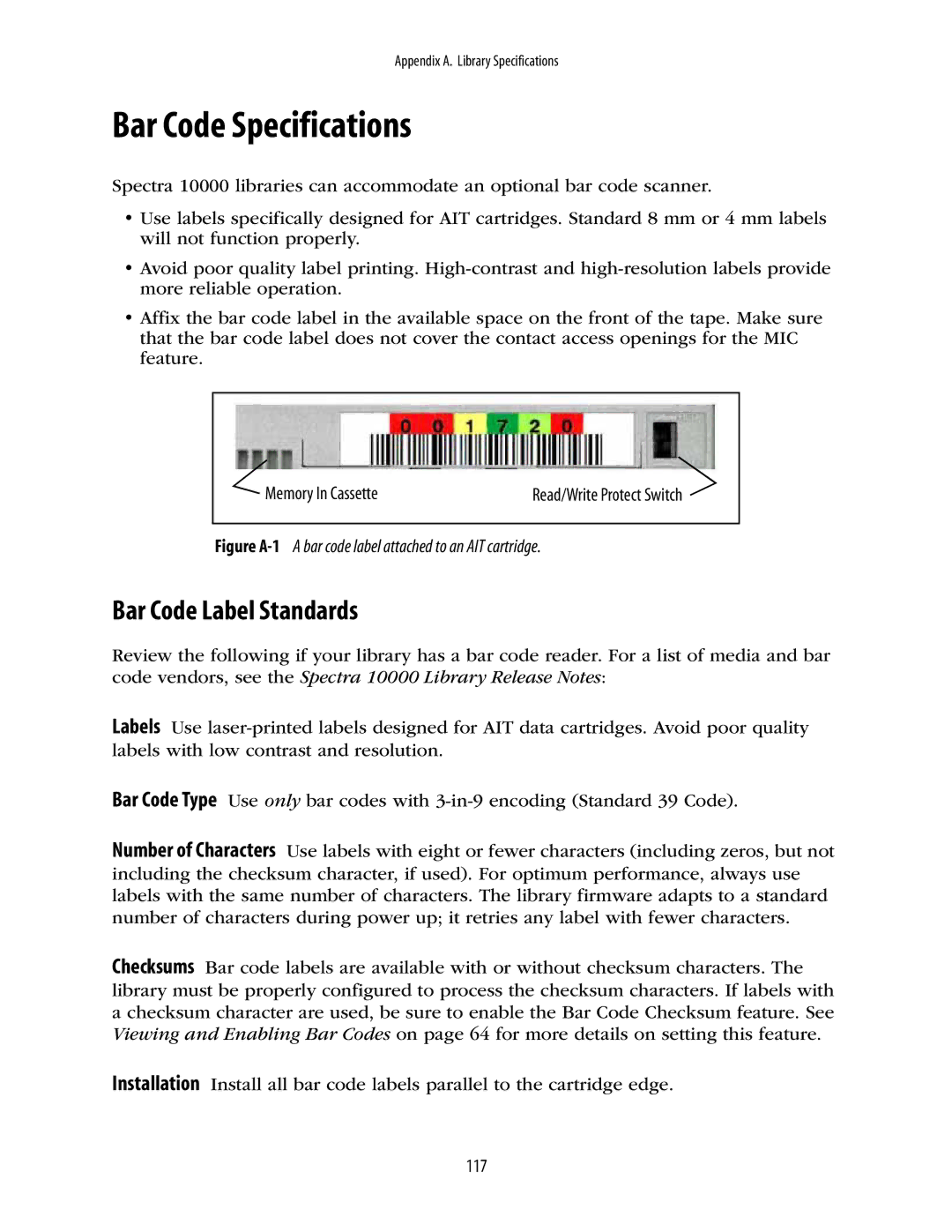 Spectra Logic 10000 manual Bar Code Specifications, Bar Code Label Standards 