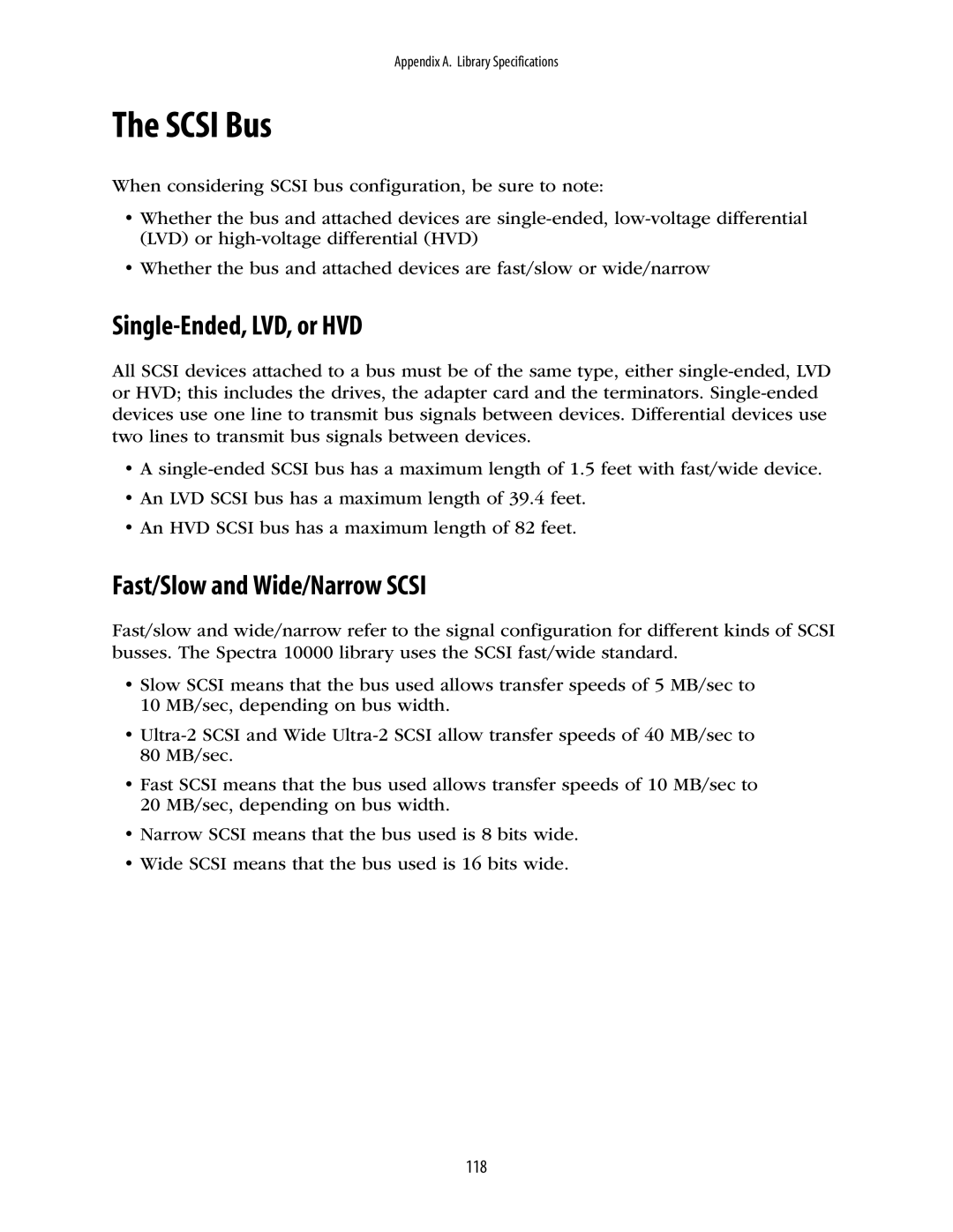 Spectra Logic 10000 manual Scsi Bus, Single-Ended, LVD, or HVD, Fast/Slow and Wide/Narrow Scsi 