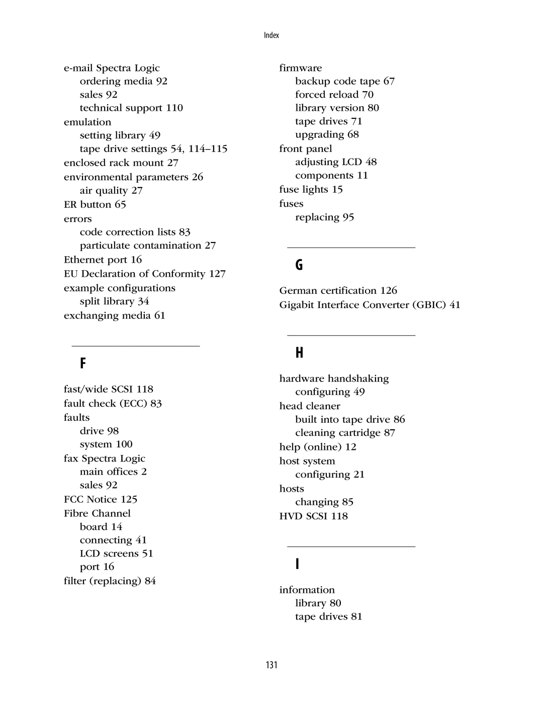 Spectra Logic 10000 manual Index 