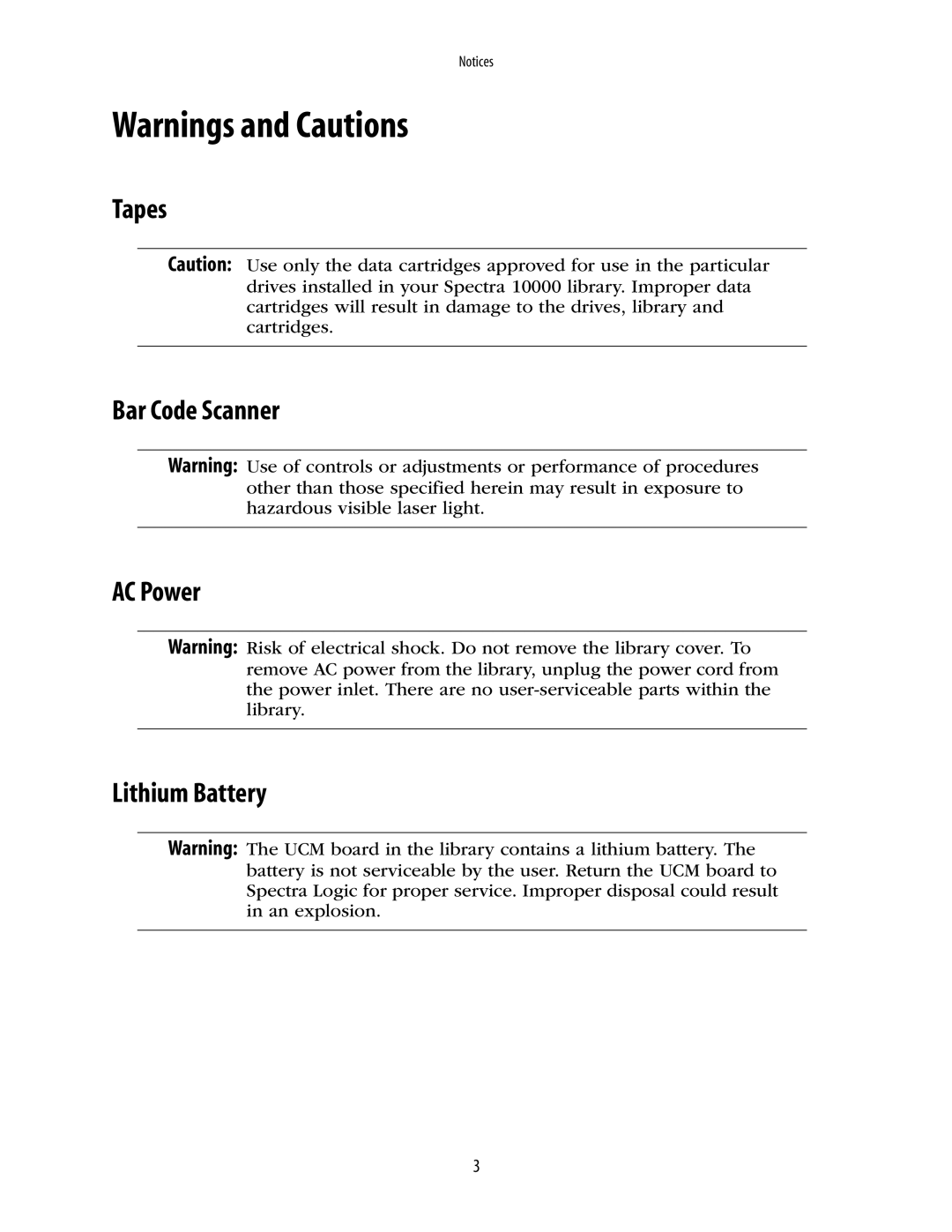Spectra Logic 10000 manual Tapes Bar Code Scanner AC Power Lithium Battery 