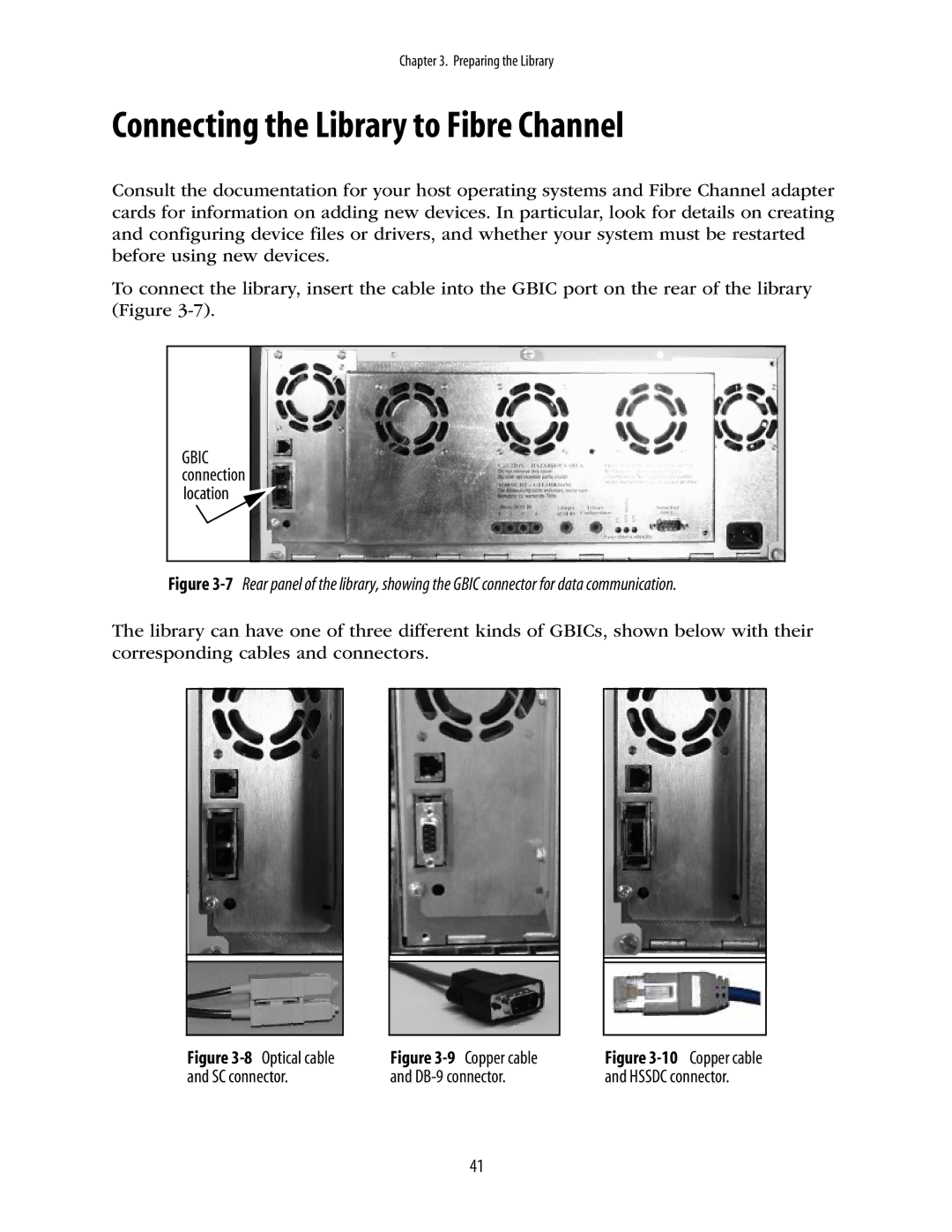 Spectra Logic 10000 manual Connecting the Library to Fibre Channel, Optical cable 