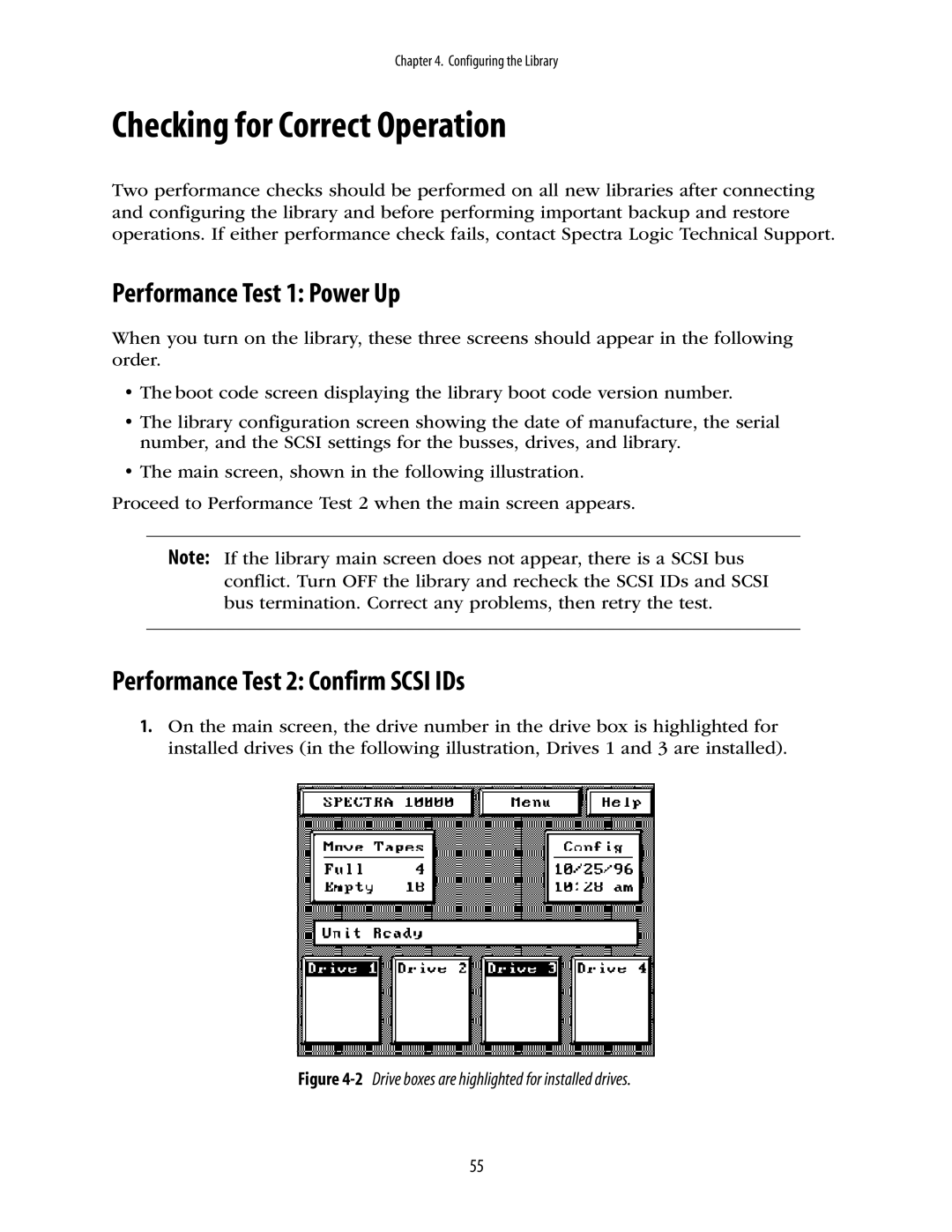 Spectra Logic 10000 manual Checking for Correct Operation, Performance Test 1 Power Up, Performance Test 2 Confirm Scsi IDs 