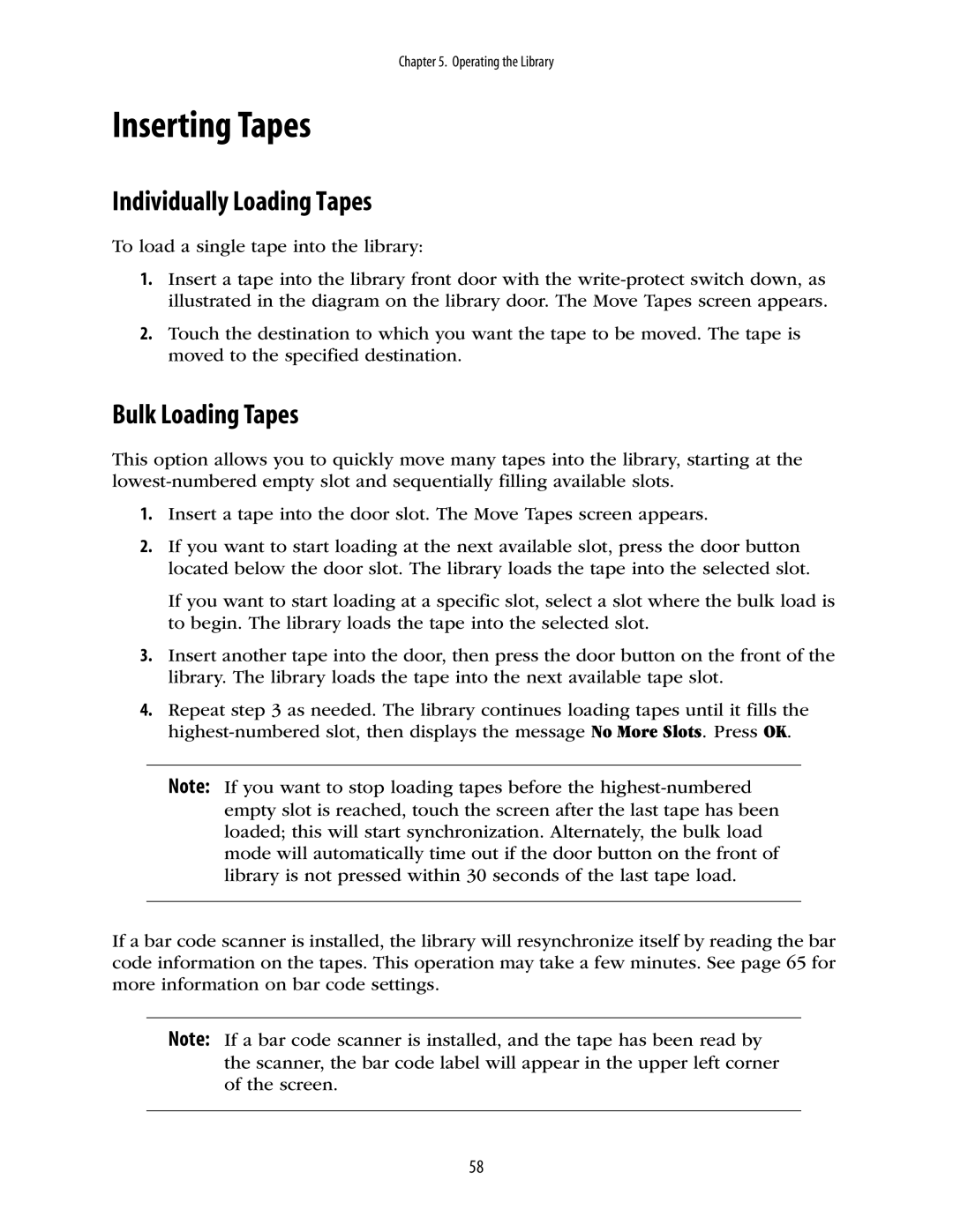 Spectra Logic 10000 manual Inserting Tapes, Individually Loading Tapes, Bulk Loading Tapes 